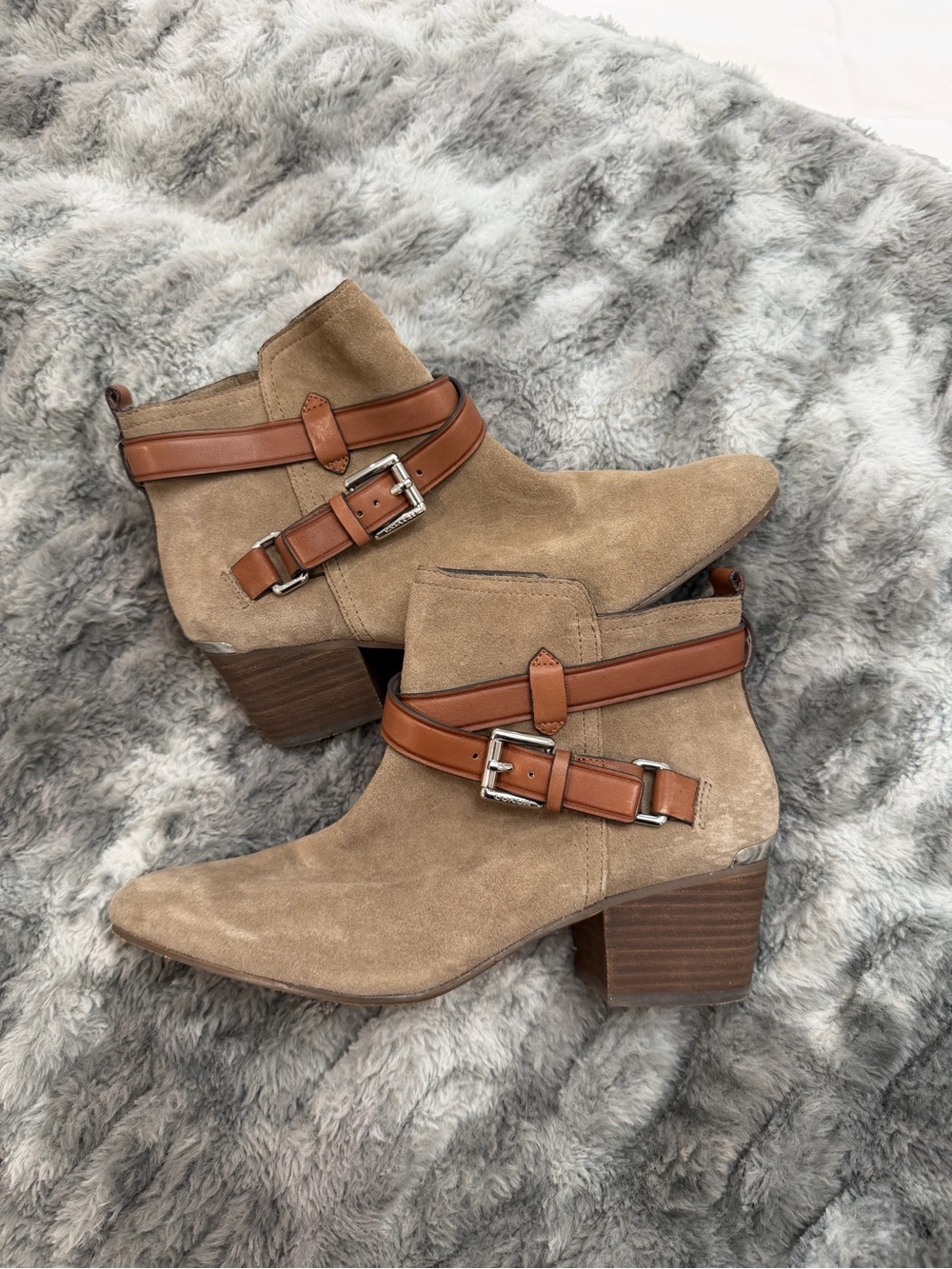 Coach Tan Suede Ankle Booties with Brown Leather Straps